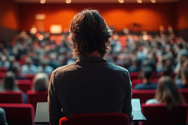 A seated speaker is shown from behind facing a blurred audience in red auditorium chairs.