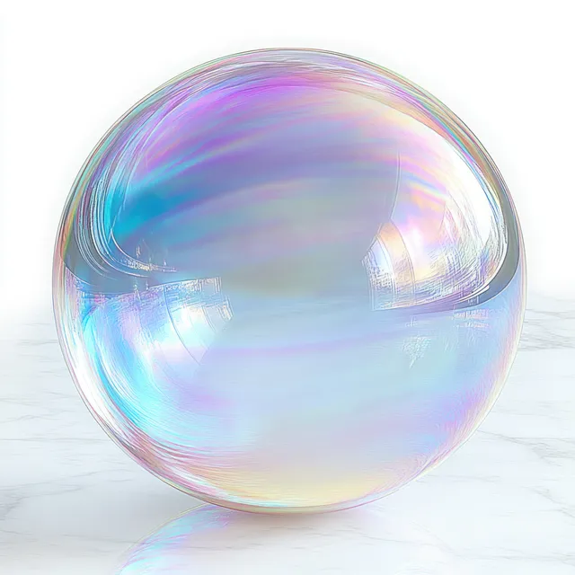 An iridescent soap bubble rests on a white marble surface with pastel reflections.