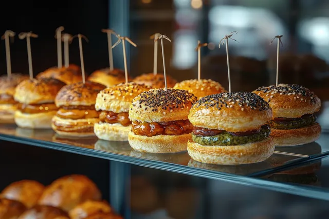 Assorted mini burgers with sesame buns lined up on a glass shelf.