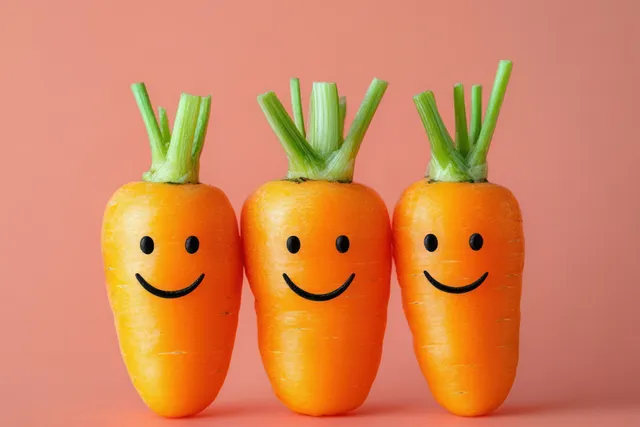 Three smiling carrots with green tops standing upright on a soft orange background