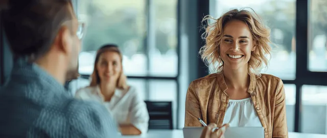 Smiling businesswoman speaks at a conference table with coworkers in a bright modern office.