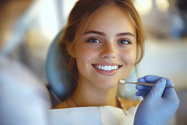 Smiling freckled woman sits in a dental chair while a gloved dentist holds a mirror near her mouth.
