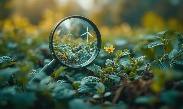 Magnifying glass shows wind turbines reflected across green plants in an outdoor garden scene.