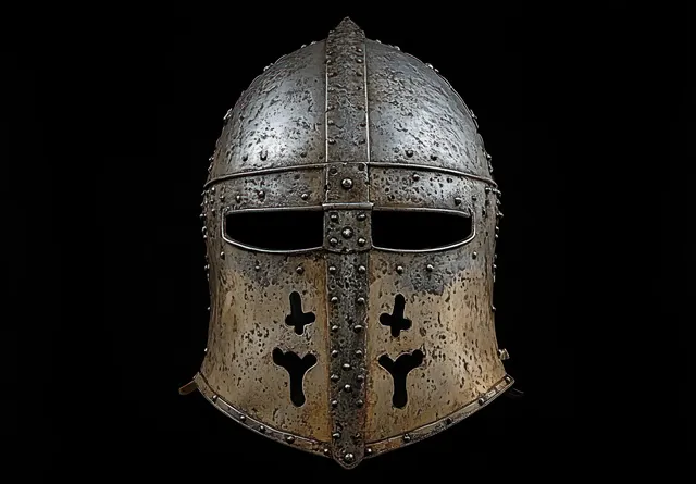 Medieval iron knight helmet with riveted plates and narrow eye slit displayed against a black background.