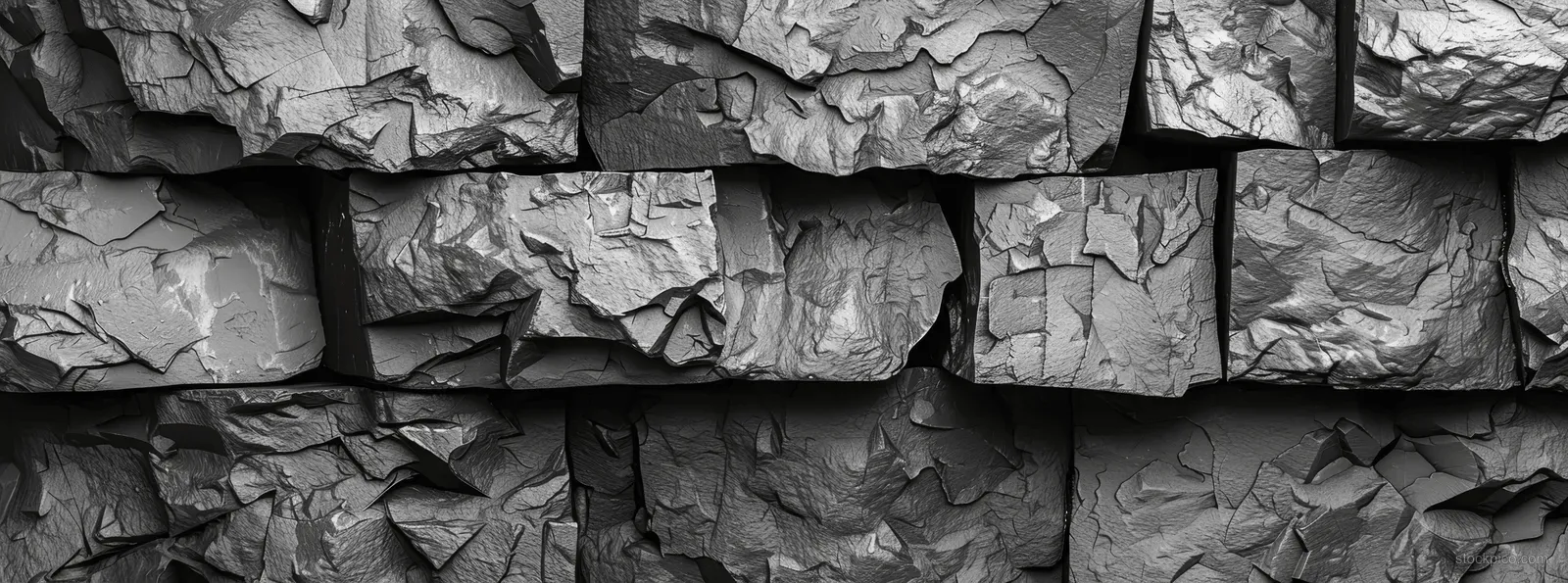 Gray cracked rock wall texture with layered stone slabs and rough grunge crevices.