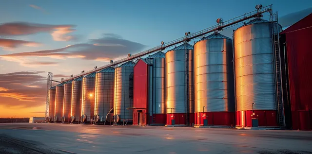 Silver and red grain silos stand in an industrial facility at sunset with a blue sky.
