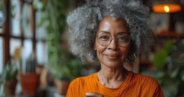 Smiling African American senior woman with curly gray hair holding a smartphone at home