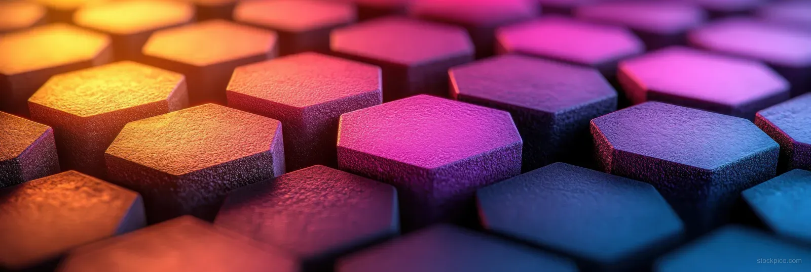 Colored pencil tips arranged in hexagonal pattern forming a colorful 3D gradient with purple and warm red tones.