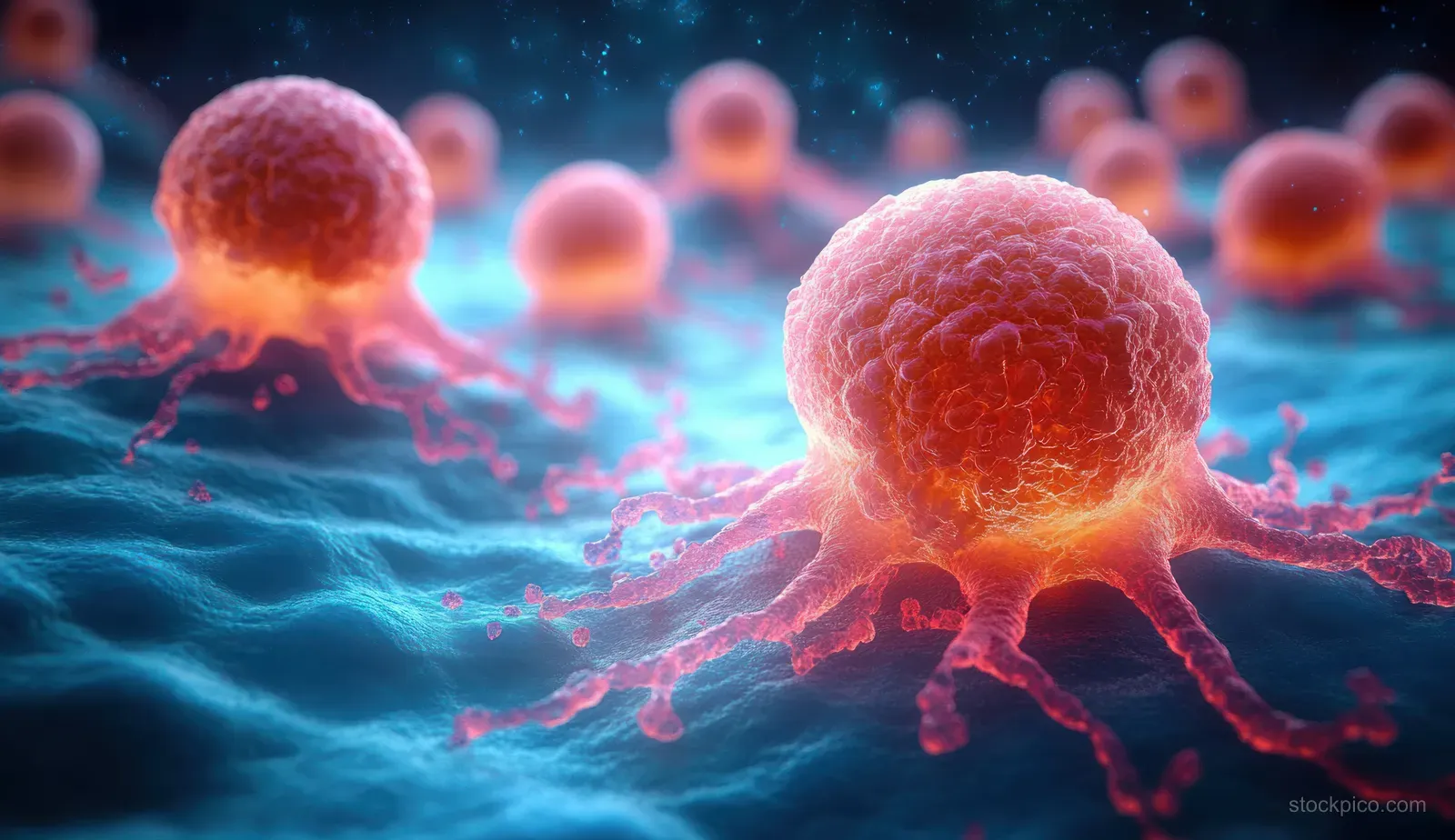 Glowing orange cancer cells with visible membrane tentacles float in a blue microscopic 3D background.