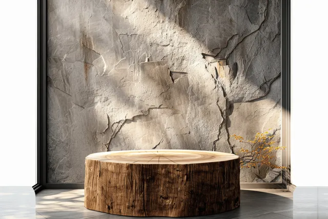 Round wooden podium centered against a stone-textured wall with grey floor and soft daylight shadows.
