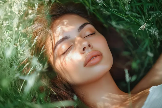 A young woman lies in green grass with closed eyes while soft sunlight casts shadows across her face.
