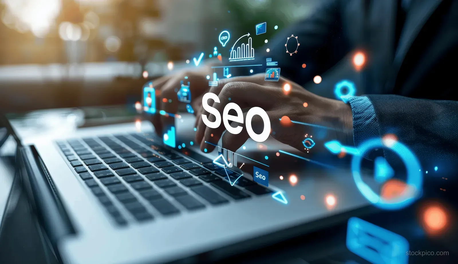A business analyst types on a laptop with glowing SEO charts and search icons overlaying the screen area.