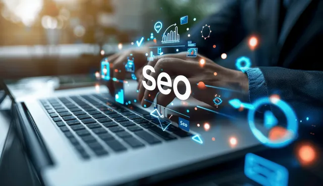 Business analyst typing SEO dashboard, glowing charts and search icons over laptop keyboard