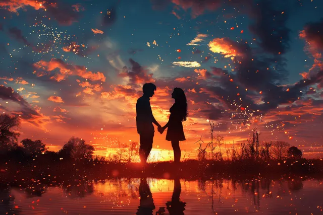 Couple holds hands at sunset, silhouetted against vivid sky and sparkles over water reflection