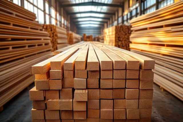 Neatly stacked lumber planks form a block in a warehouse aisle with sunlit wood surfaces.