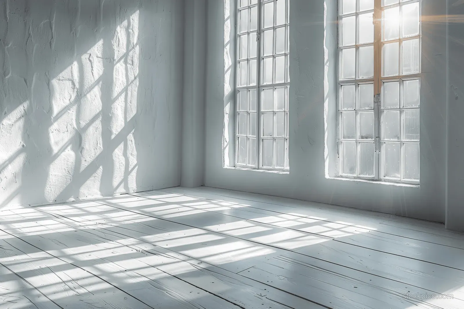 Sunlight through window panes casts long stripe shadows across a white wall and wooden floor in an empty room.