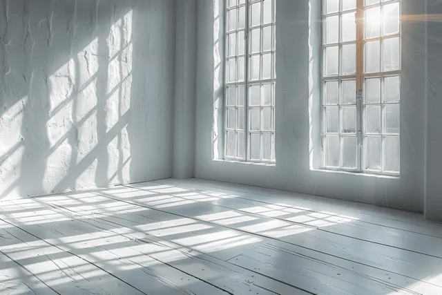 Sunlight through window panes casts long stripe shadows across a white wall and wooden floor in an empty room.