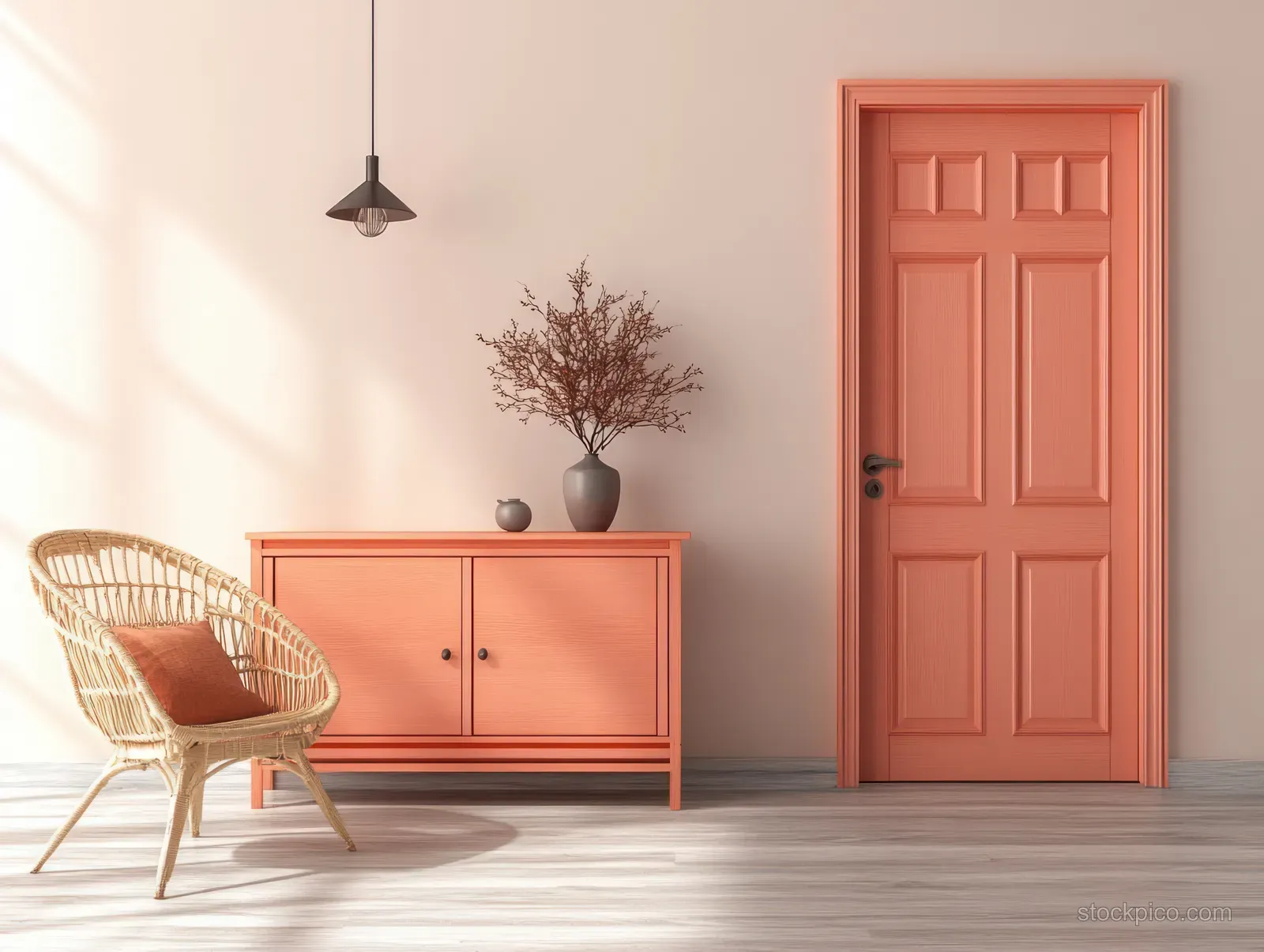 Sunlit entrance hall with a coral sideboard, rattan chair, pendant lamp, and paneled door on a white wall.