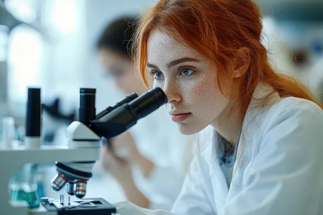 Red-haired woman with freckles in a lab coat studies slides through a microscope in a bright laboratory.