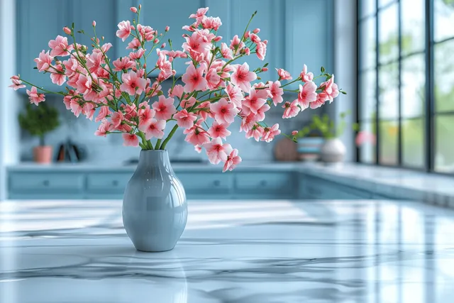 White marble kitchen countertop with blue cabinets and pink vase flowers in soft focus with Depth Of Field