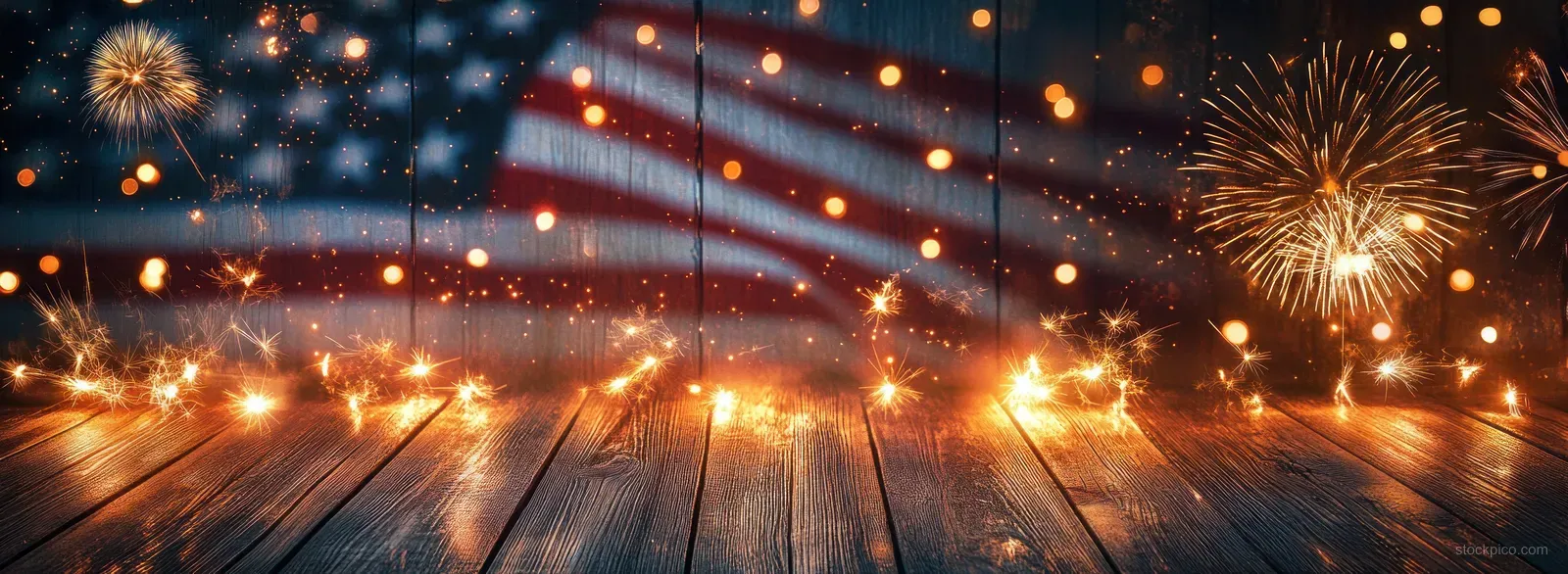 Sparklers and fireworks illuminate an American flag resting on rustic wooden planks with warm spark trails.