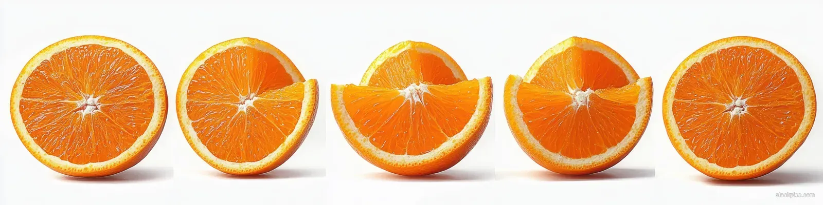 Orange halves in sequence show one segment being removed against a plain white background.