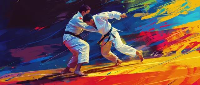Two Judo Athletes Grappling in a Dynamic Colorful Tournament Scene