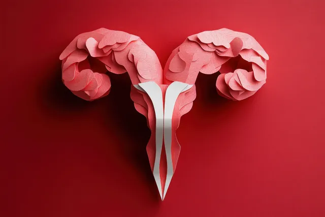 Layered red and white paper cutout uterus with curled edges against bold red backdrop