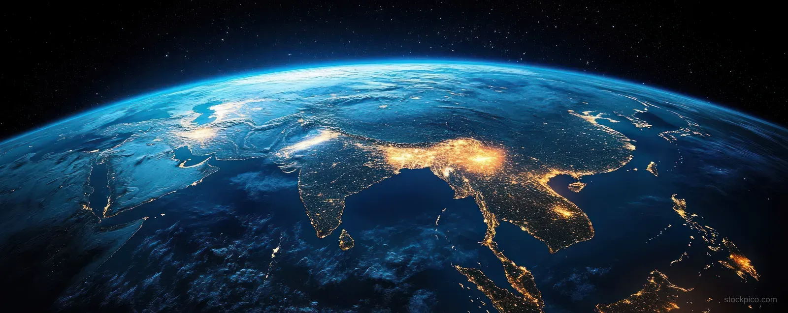 View of Earth from space at dusk with India and Himalayan terrain illuminated by city lights.