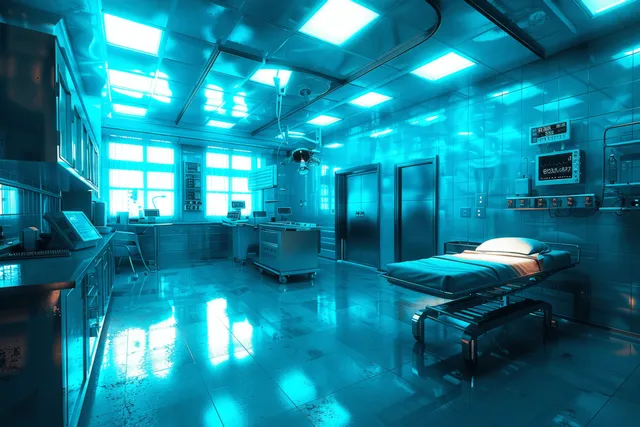 High-tech hospital operating room with bright blue lights, reflective floor, and medical beds and equipment.