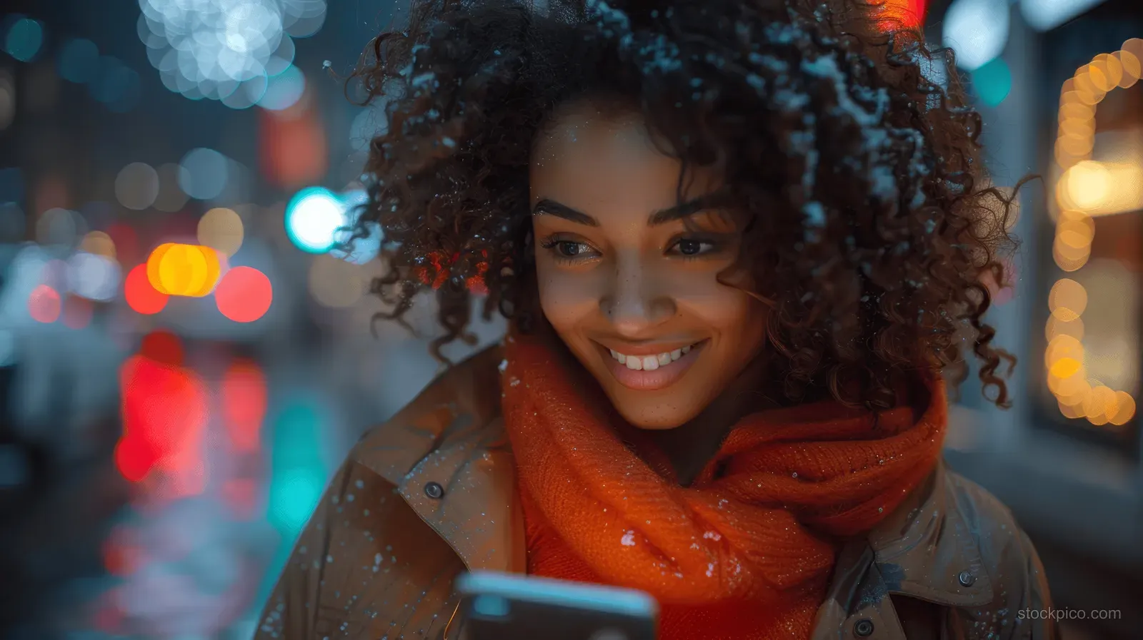 Smiling woman with curly hair holds a smartphone in a night street scene with neon bokeh lights behind her.