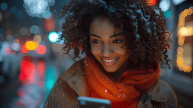 Smiling woman with curly hair using a smartphone at night, neon city bokeh behind her