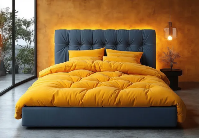 Cozy yellow comforter on blue tufted bed frame beside round table and hanging light