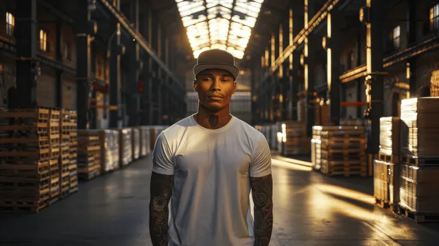 A warehouse worker stands between pallet racks with stacked boxes in a sunlit storage aisle.