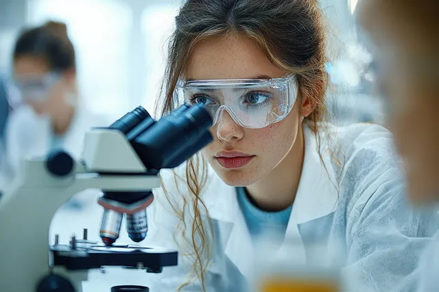 Young female scientist in protective goggles studies a sample through a microscope in a bright laboratory.