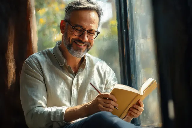 Smiling man with glasses and beard writes in a notebook while reading by a sunlit window.