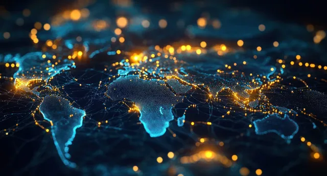 A digital world map displays glowing blue network nodes connected by orange communication lines across continents.