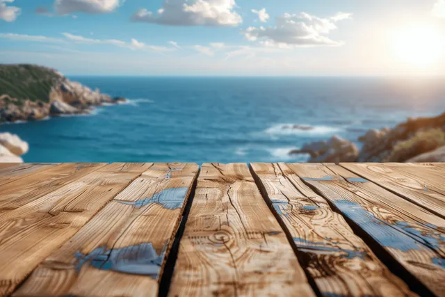 Wooden table planks in the foreground with painted blue wave accents and an ocean-sky coastline background.