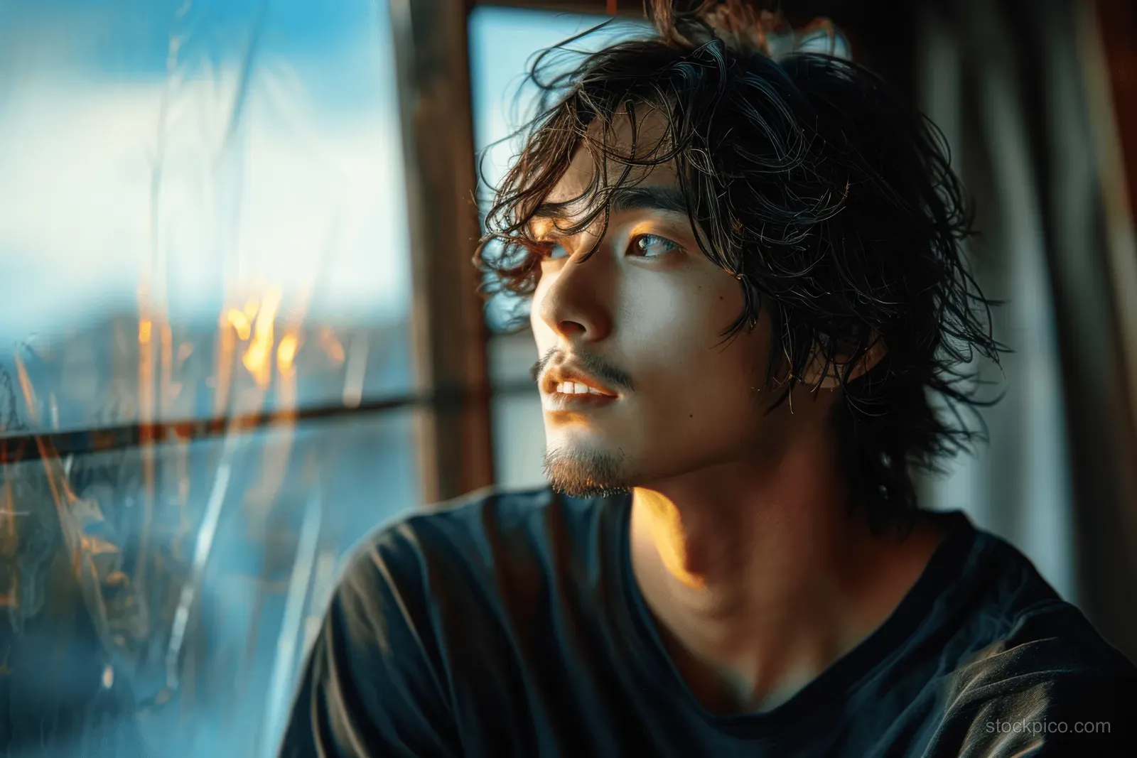 Japanese man with messy hair in a black T-shirt gazes out a sunrise-lit window with mountains visible behind.
