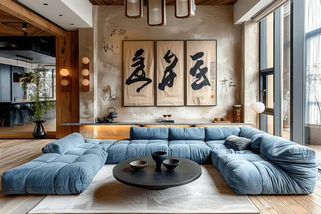 A modern minimalist living room showcases a blue sectional sofa, black coffee table, and Chinese calligraphy art on beige walls.
