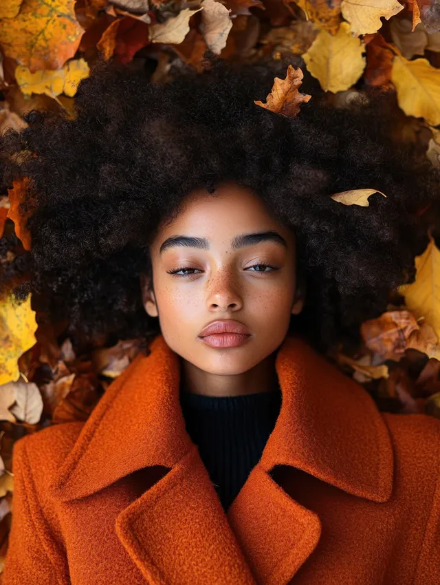 Young woman in an orange coat lying on autumn leaves with voluminous curly hair and a calm expression.