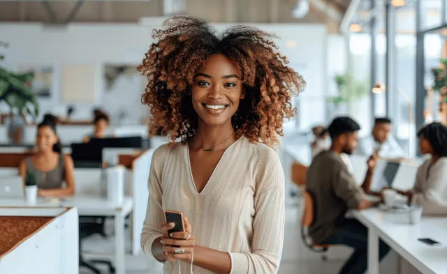Smiling African American Woman Holding Smartphone in Bright Office