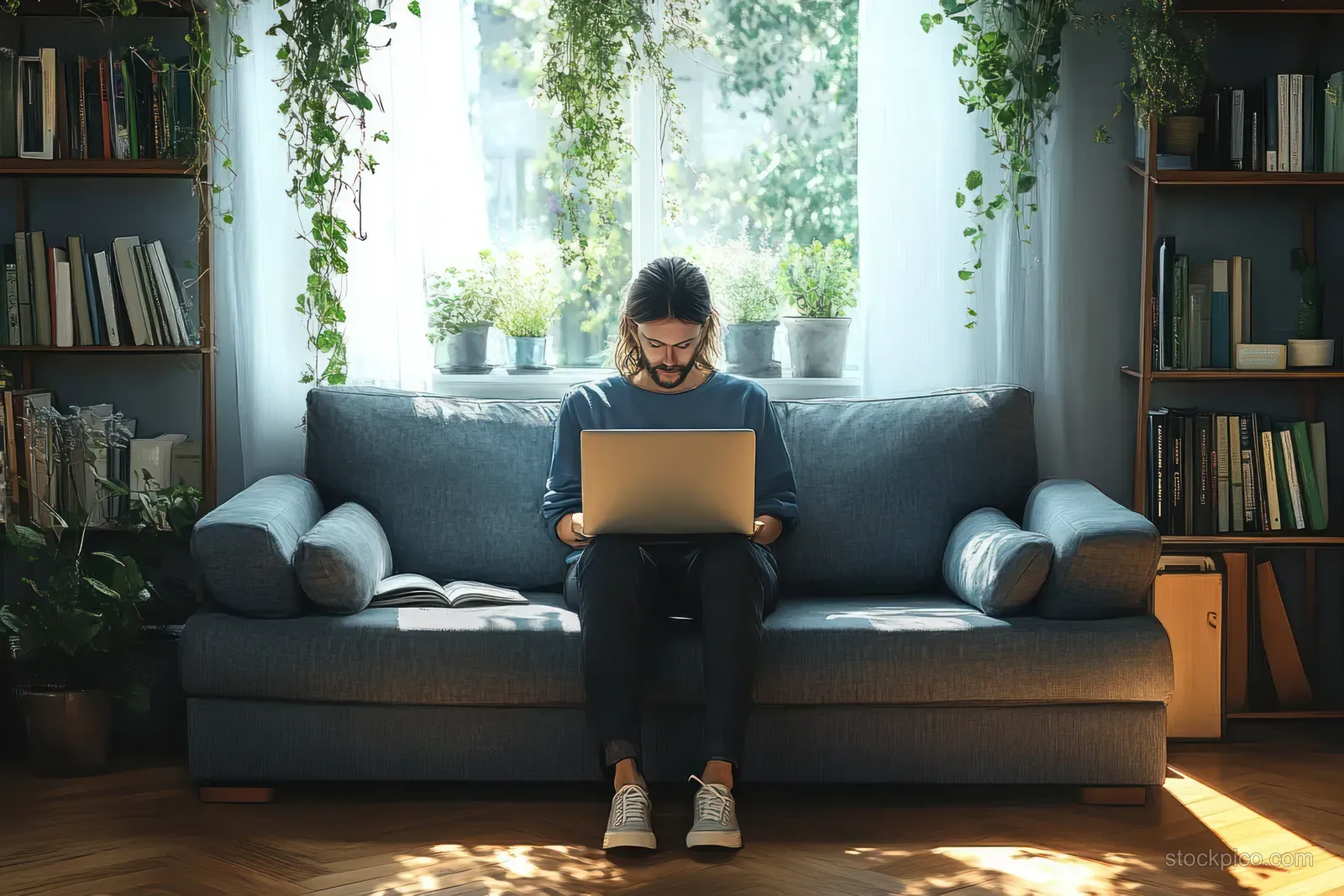 Young man sits on a sofa typing on a laptop in a sunlit living room with bookshelves and indoor plants.