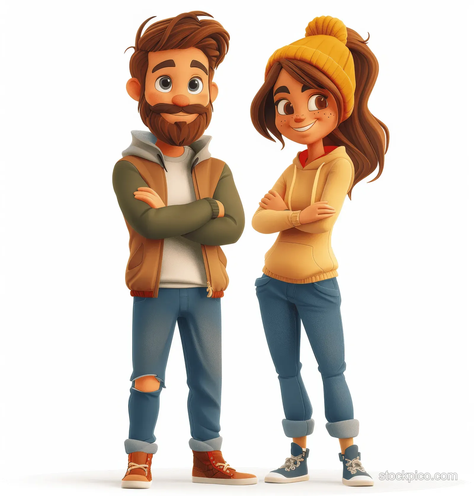 A 3D cartoon man and woman stand side by side with crossed arms and smiling expressions on a white background.