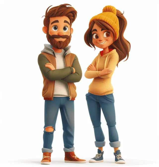 A 3D cartoon man and woman stand side by side with crossed arms and smiling expressions on a white background.