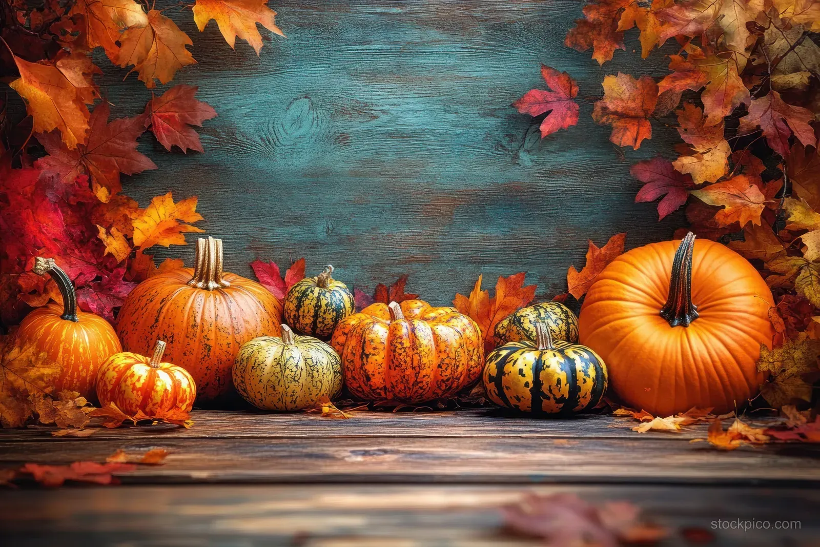 Pumpkins and gourds lined on a wooden table with orange and red fall leaves around them.