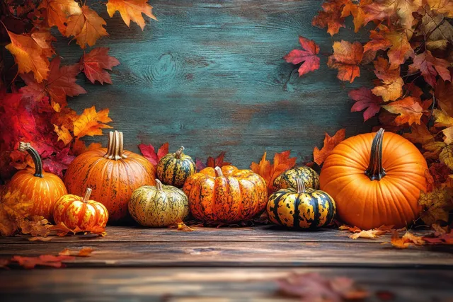 Autumn pumpkins and gourds with maple leaves on rustic wooden table background