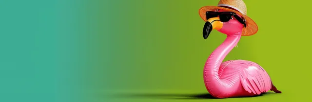 Pink inflatable flamingo wearing sunglasses and straw hat against vivid green background