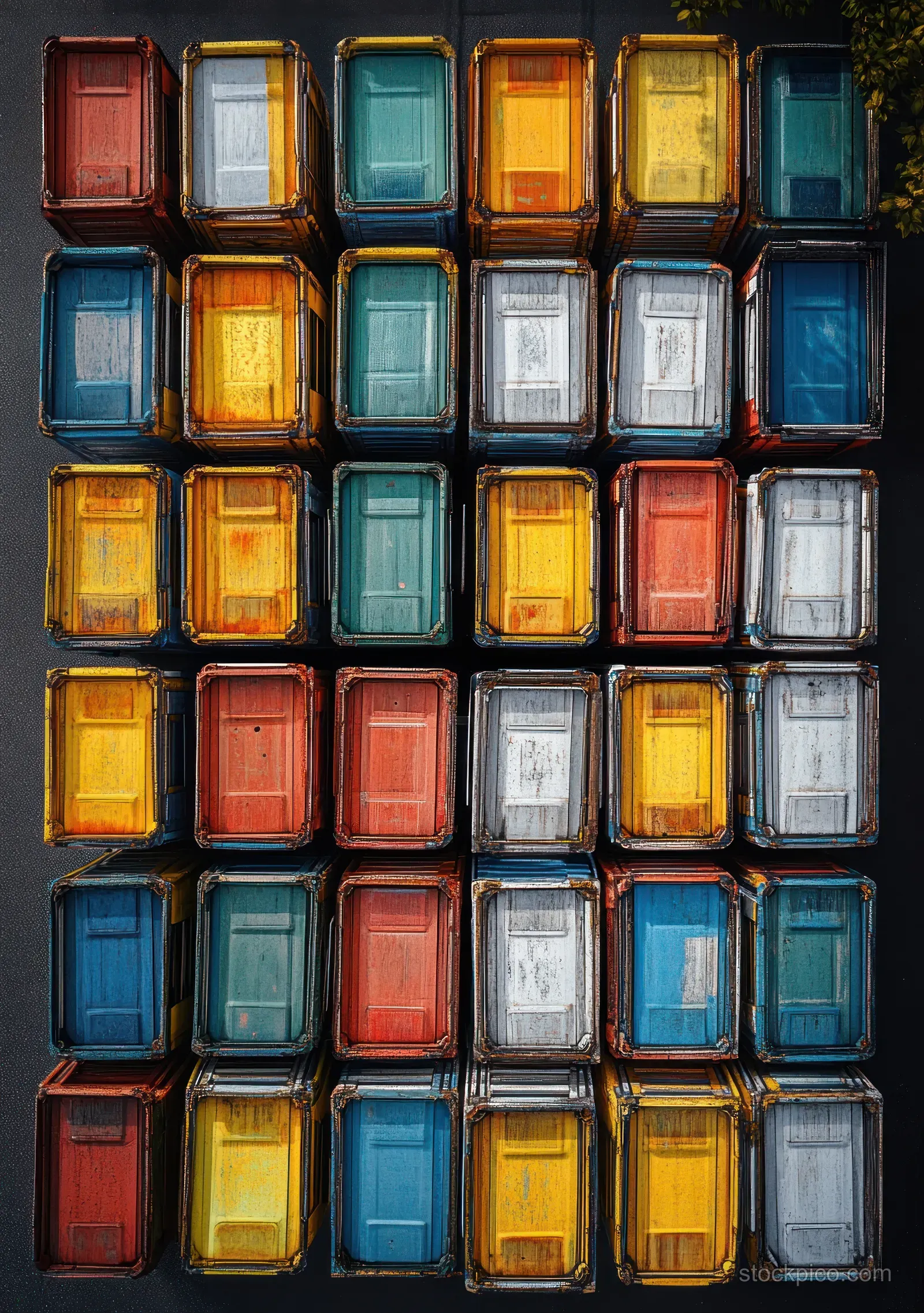 Aerial view of stacked colorful shipping containers arranged in a grid with weathered paint and rusted corners.