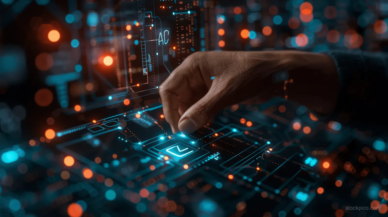 A businessman hand touches a glowing AI interface with circuit lines and orange blue lights.